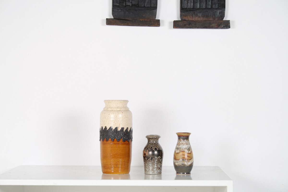 A Large Vibrant West German Pottery Fat Lava Vase in Orange, Black and Cream by BAY - Image 18