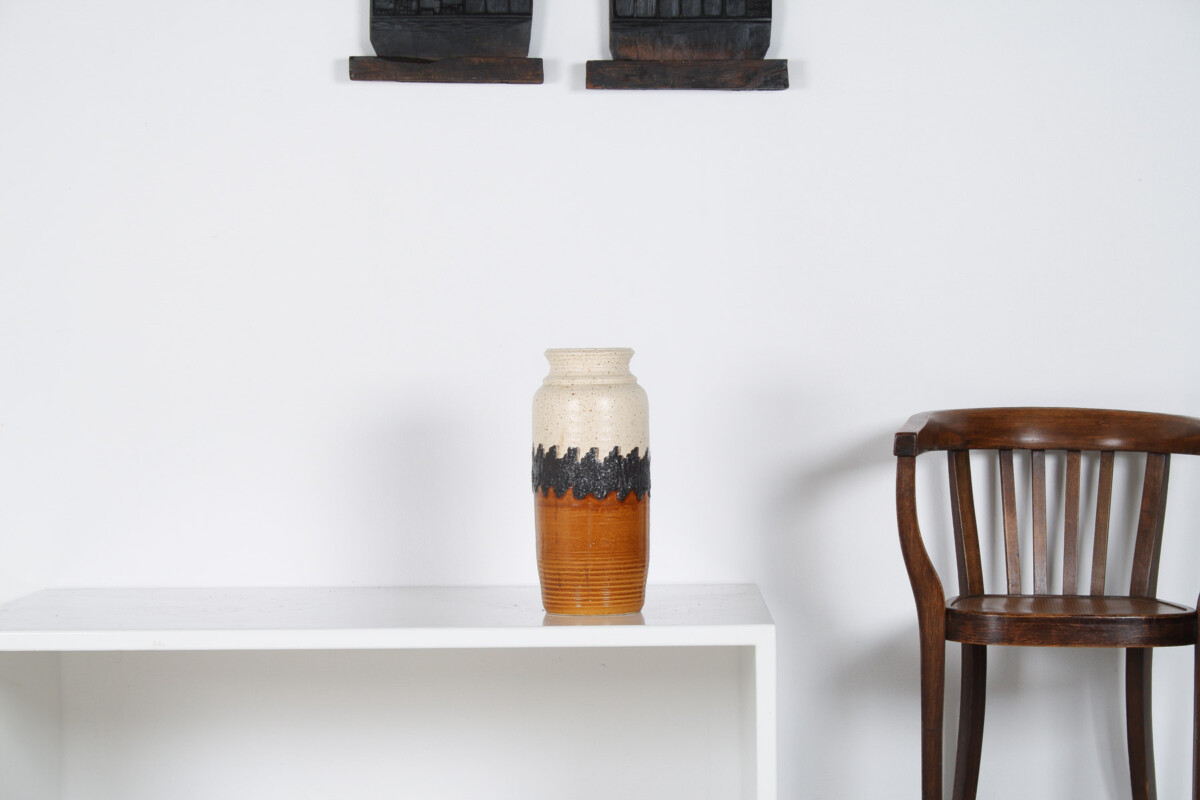 A Large Vibrant West German Pottery Fat Lava Vase in Orange, Black and Cream by BAY - Image 8