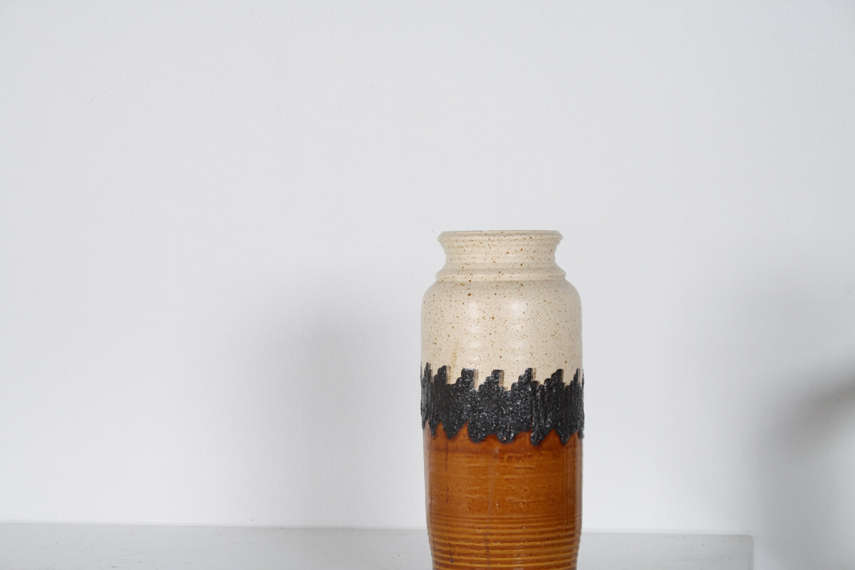 A Large Vibrant West German Pottery Fat Lava Vase in Orange, Black and Cream by BAY - Image 7