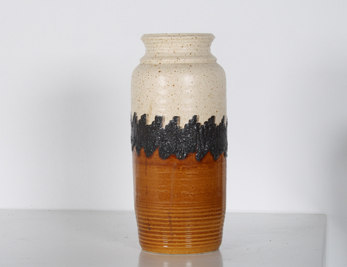 A Large Vibrant West German Pottery Fat Lava Vase in Orange, Black and Cream by BAY - Image 4