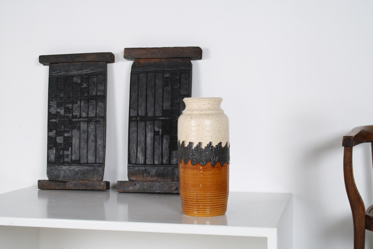 A Large Vibrant West German Pottery Fat Lava Vase in Orange, Black and Cream by BAY - Image 5
