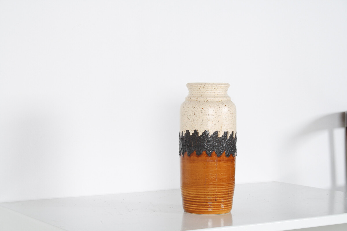 A Large Vibrant West German Pottery Fat Lava Vase in Orange, Black and Cream by BAY