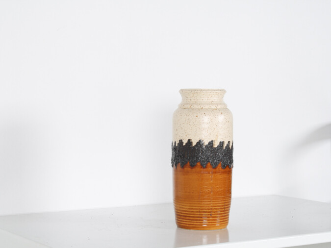 A Large Vibrant West German Pottery Fat Lava Vase in Orange, Black and Cream by BAY