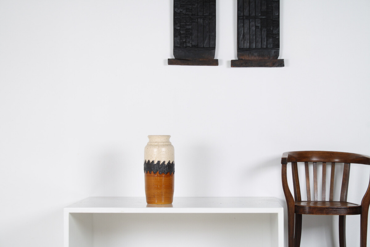 A Large Vibrant West German Pottery Fat Lava Vase in Orange, Black and Cream by BAY - Image 2