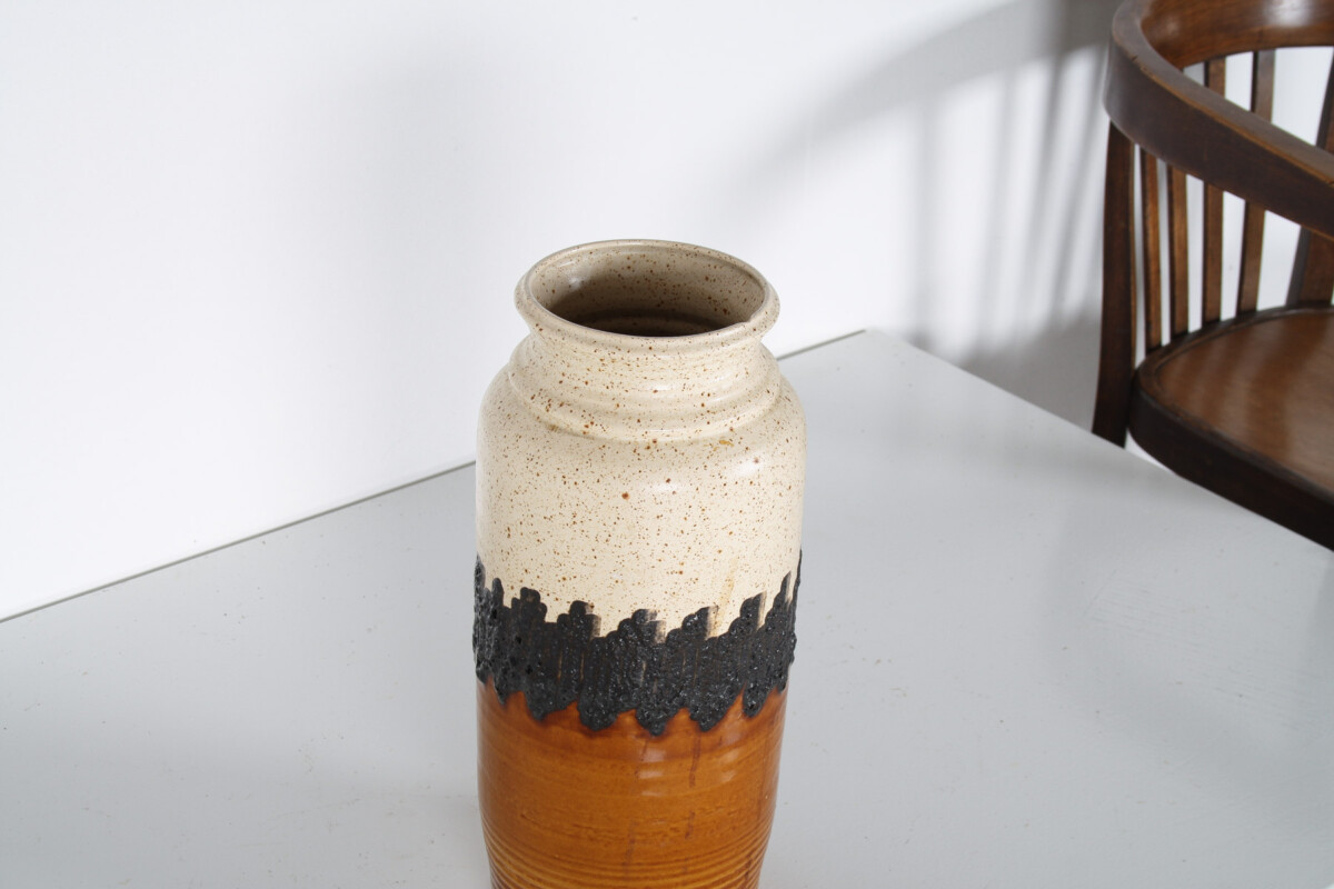 A Large Vibrant West German Pottery Fat Lava Vase in Orange, Black and Cream by BAY - Image 11