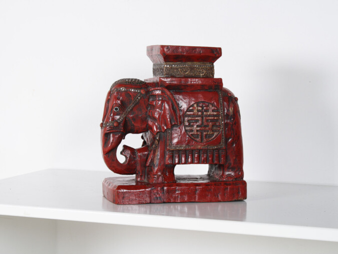 Large Carved Wood Hand Painted Elephant Side Table | Plant Stand | Shelf Art
