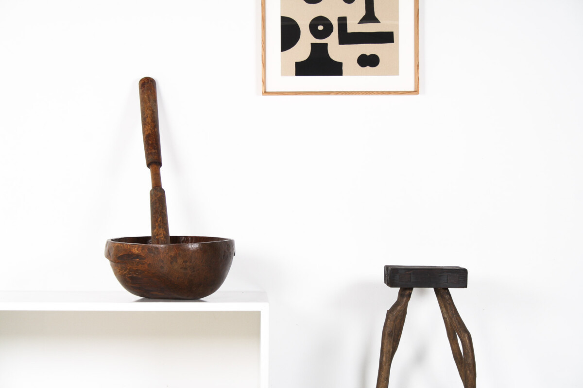 A Very Large Primitive Hand-Carved Antique Wooden Bowl Mortar and Pestle - Image 7