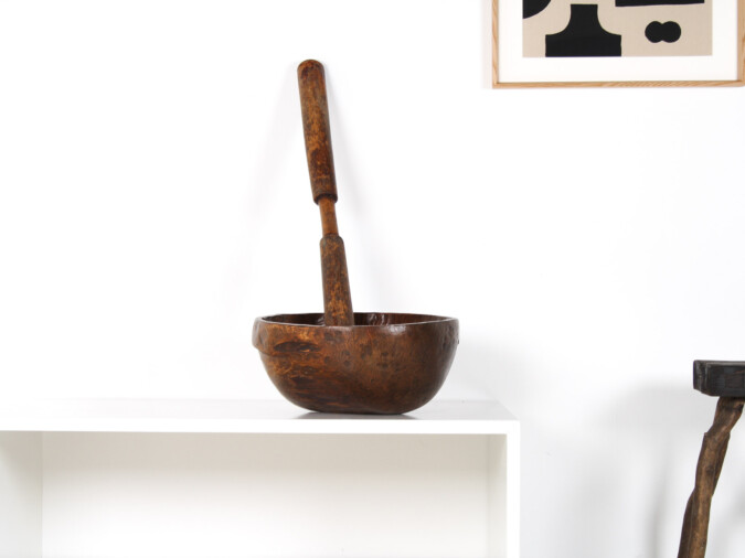 A Very Large Primitive Hand-Carved Antique Wooden Bowl Mortar and Pestle