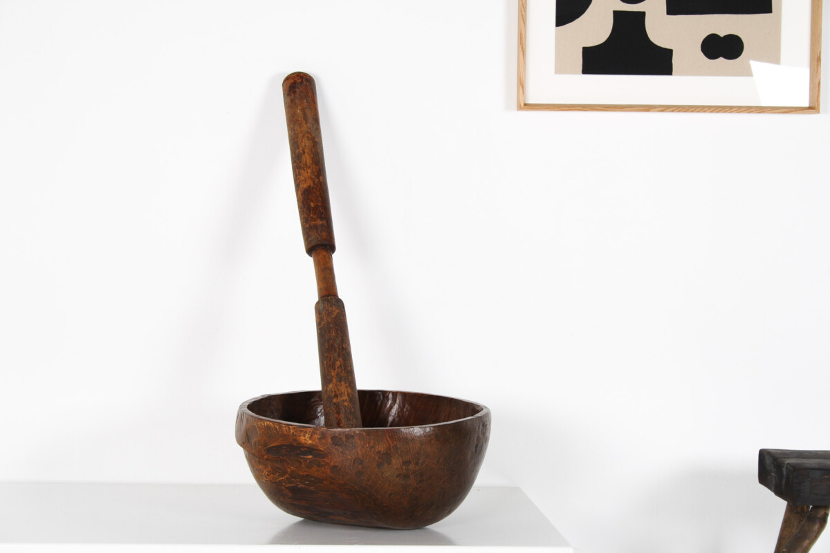 A Very Large Primitive Hand-Carved Antique Wooden Bowl Mortar and Pestle - Image 6