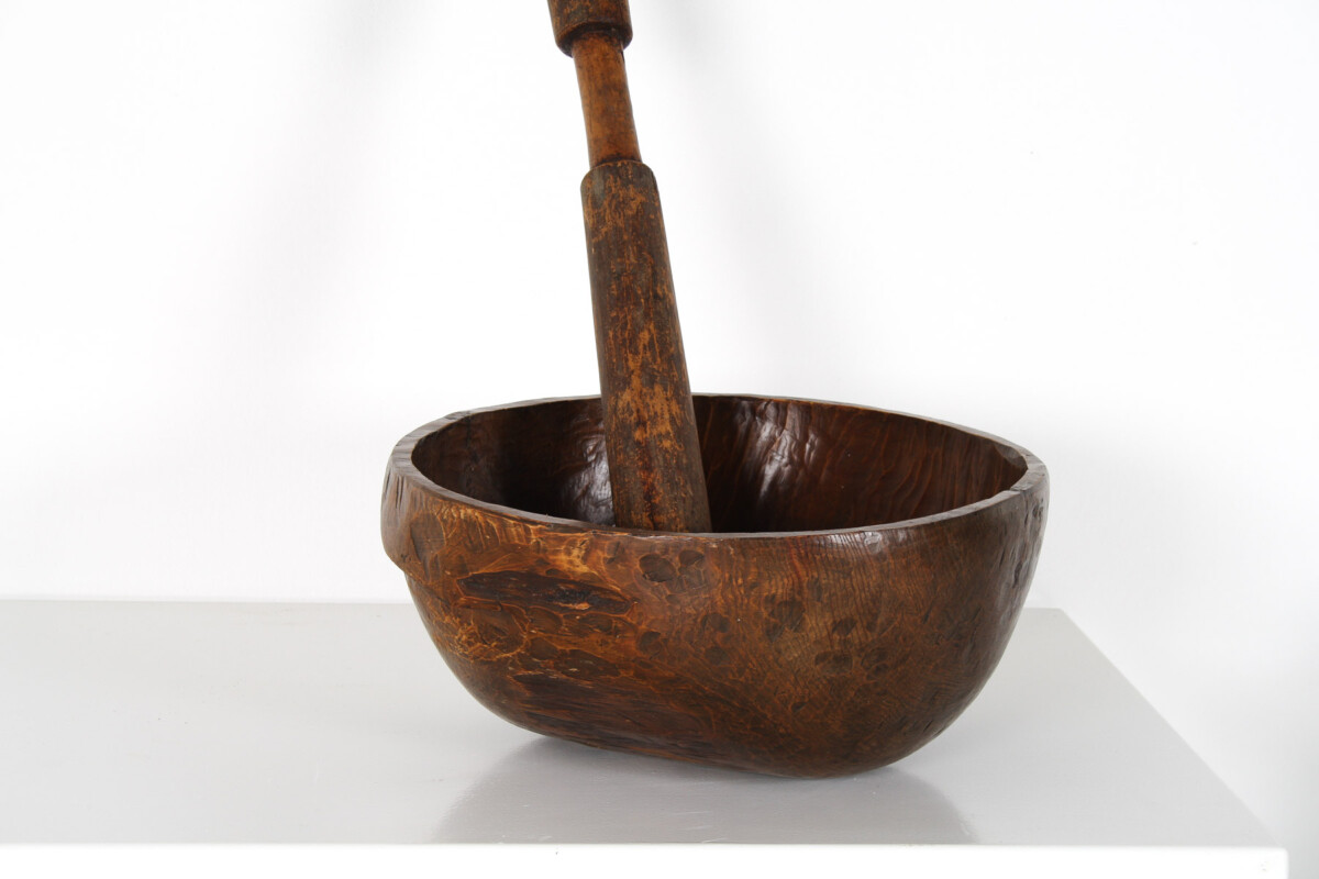 A Very Large Primitive Hand-Carved Antique Wooden Bowl Mortar and Pestle - Image 5