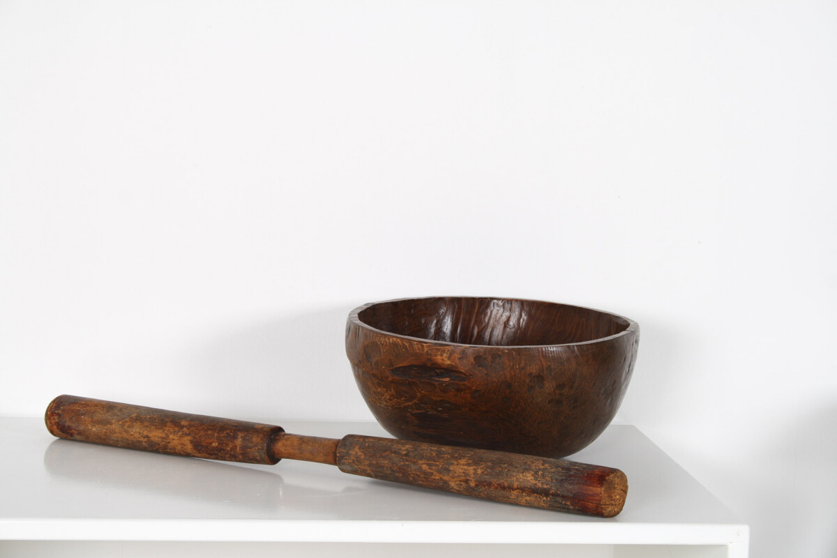 A Very Large Primitive Hand-Carved Antique Wooden Bowl Mortar and Pestle - Image 3