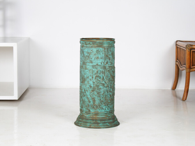 1950s Brass Stick Umbrella Stand Pot with Verdigris Copper Patina