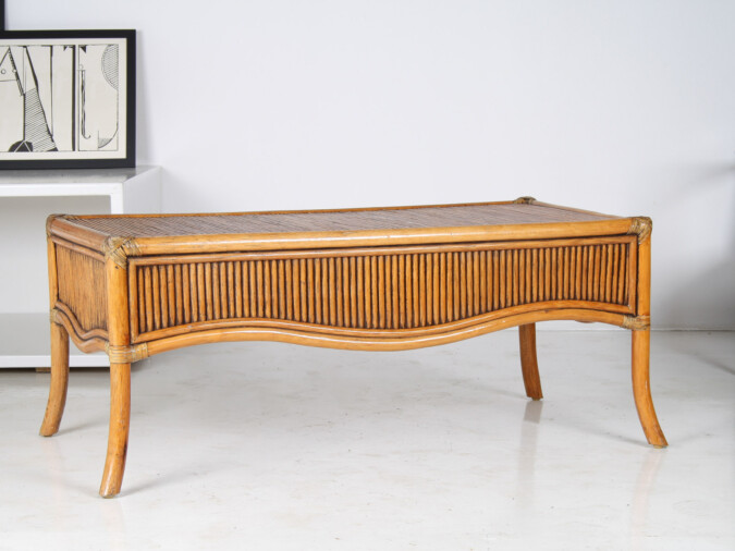 Large 1970s Mid Century Reeded Bamboo Rectangular Coffee Table in the manner of Vivai del Sud