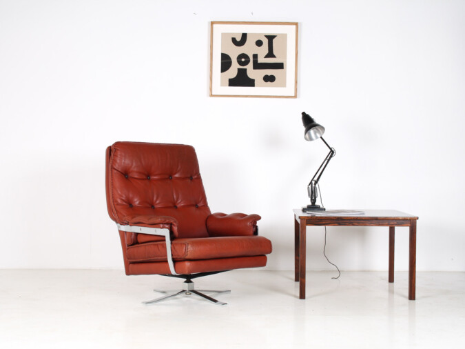 1960s Mid Century Red Brown Leather Chrome Swivel Chair by Arne Norell for Vatne Møbler