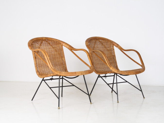 A Pair of 1950s Mid-Century Rattan Basket Chairs in the manner of Arthur Umanoff