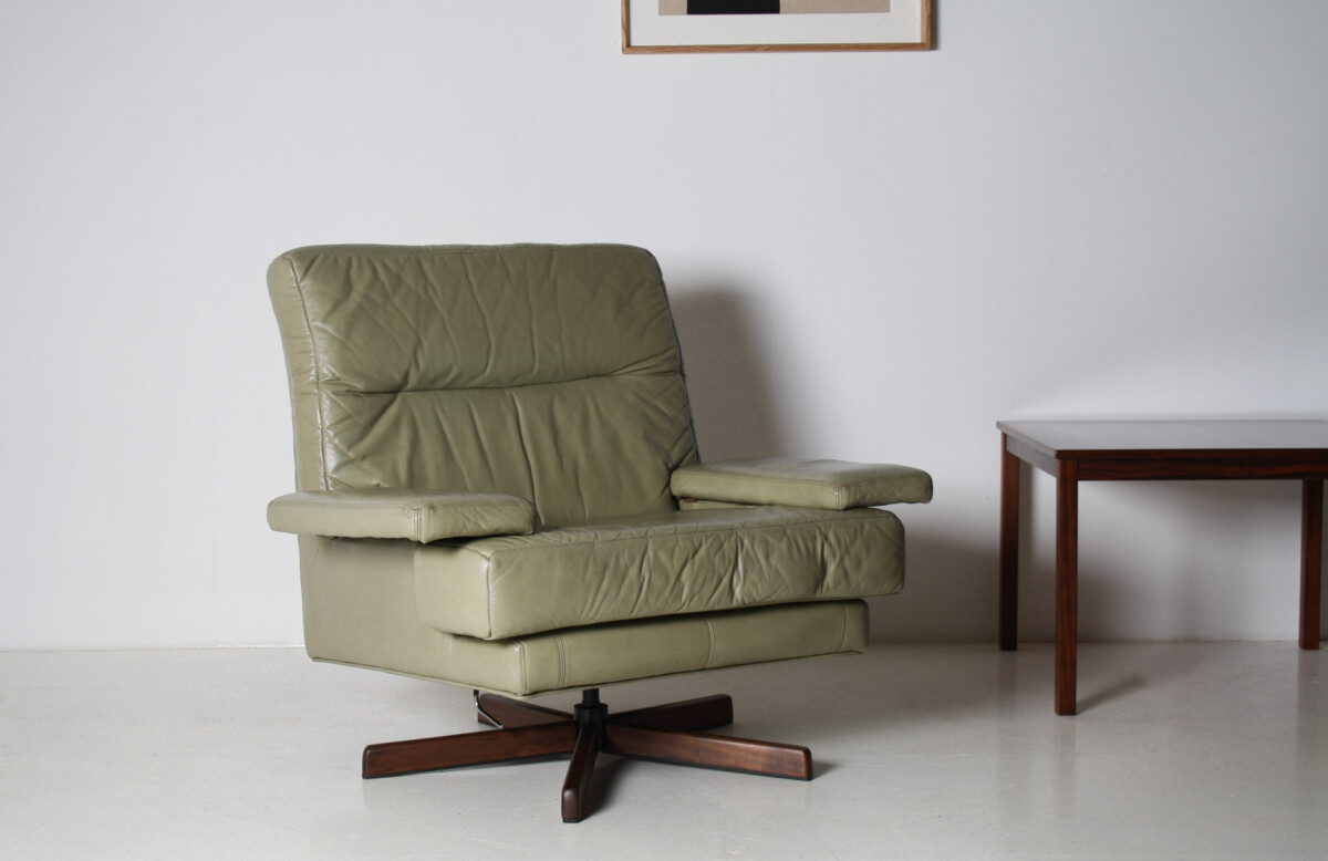 Danish Mid-Century 1960s Sage Green Leather Swivel Lounge Chair with Tilt - Image 13