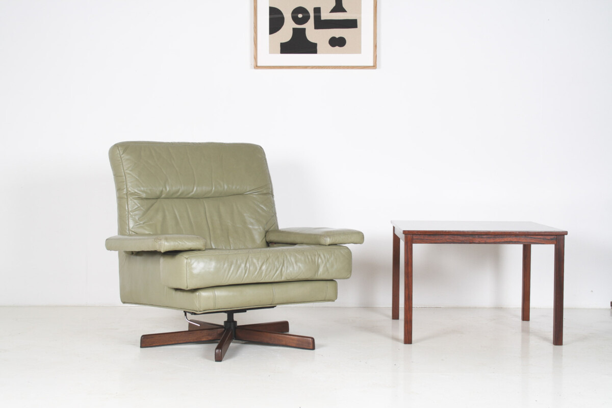 Danish Mid-Century 1960s Sage Green Leather Swivel Lounge Chair with Tilt