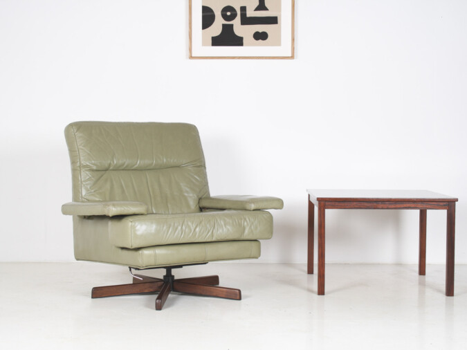 Danish Mid-Century 1960s Sage Green Leather Swivel Lounge Chair with Tilt