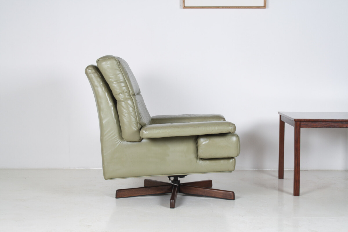 Danish Mid-Century 1960s Sage Green Leather Swivel Lounge Chair with Tilt - Image 18