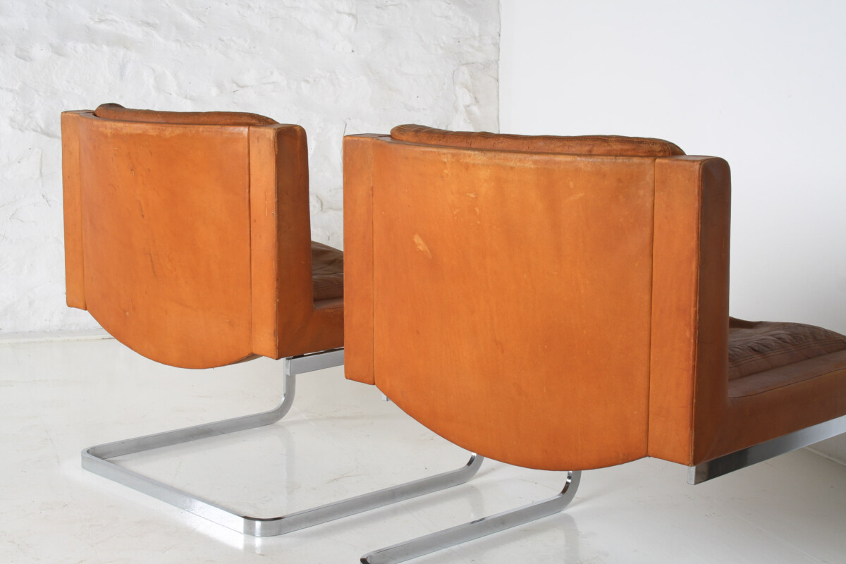 A Pair of Robert Haussmann for De Sede DS-201 Mid Century Tan Leather Chairs - Image 21