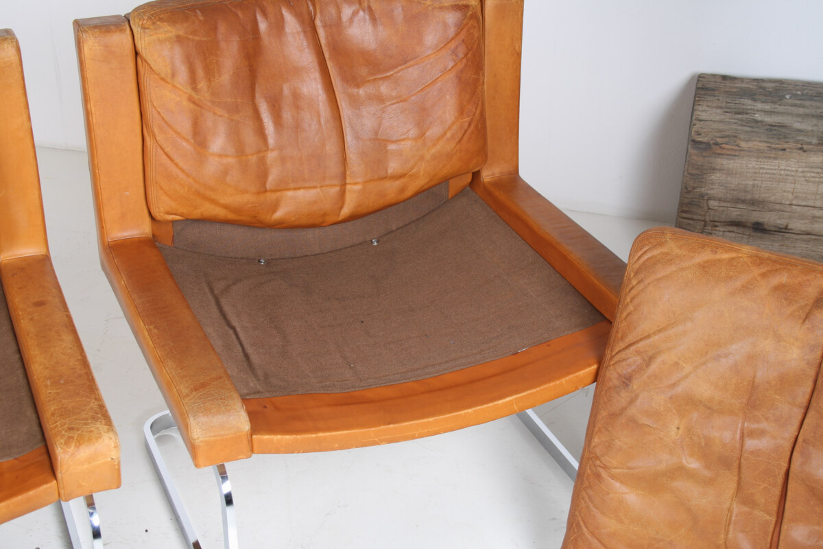 A Pair of Robert Haussmann for De Sede DS-201 Mid Century Tan Leather Chairs - Image 14