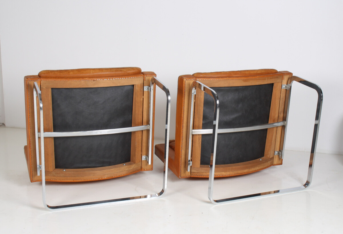 A Pair of Robert Haussmann for De Sede DS-201 Mid Century Tan Leather Chairs - Image 9