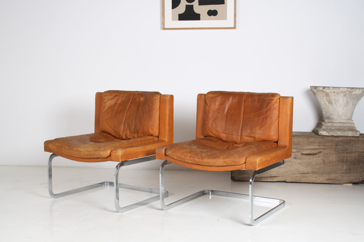 A Pair of Robert Haussmann for De Sede DS-201 Mid Century Tan Leather Chairs - Image 8