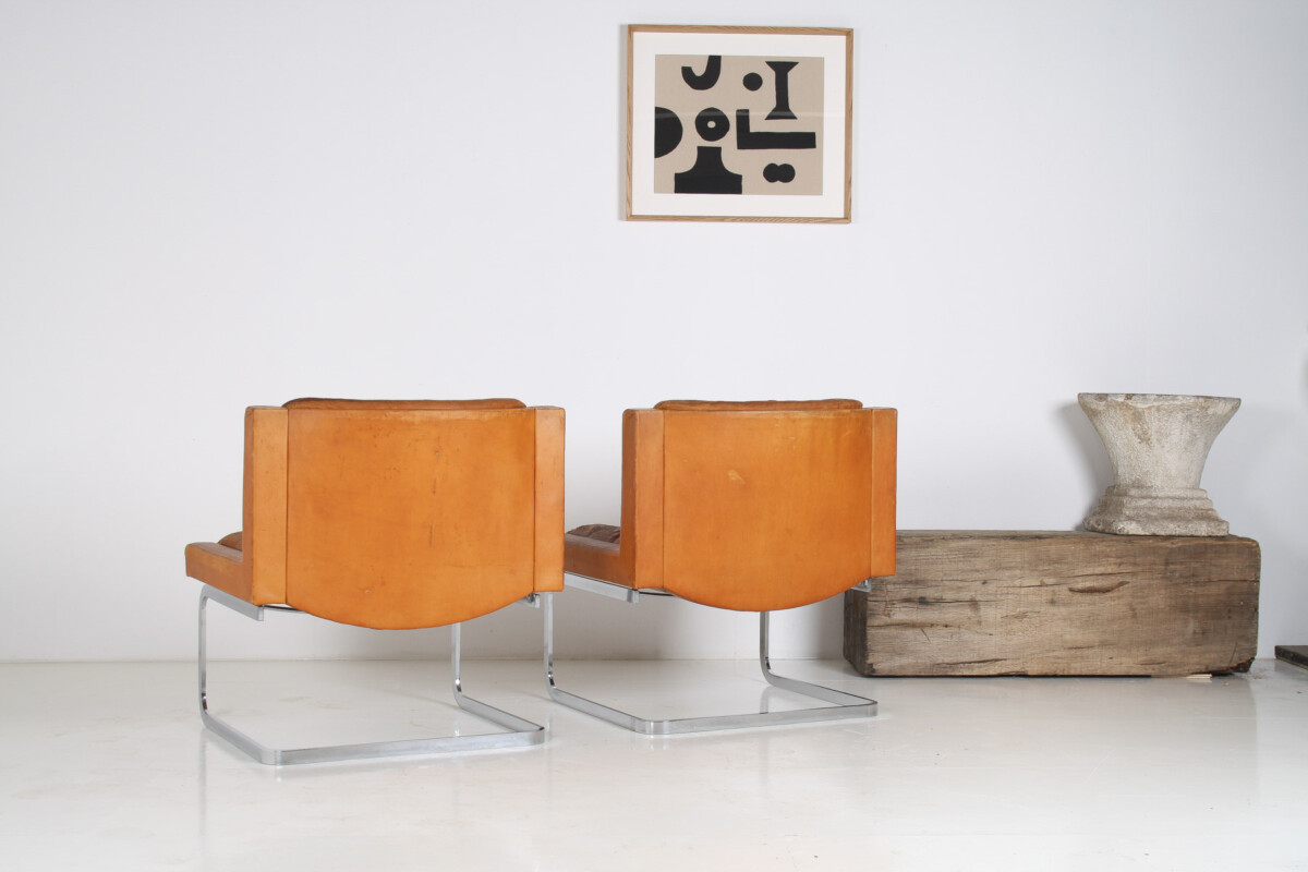 A Pair of Robert Haussmann for De Sede DS-201 Mid Century Tan Leather Chairs - Image 20