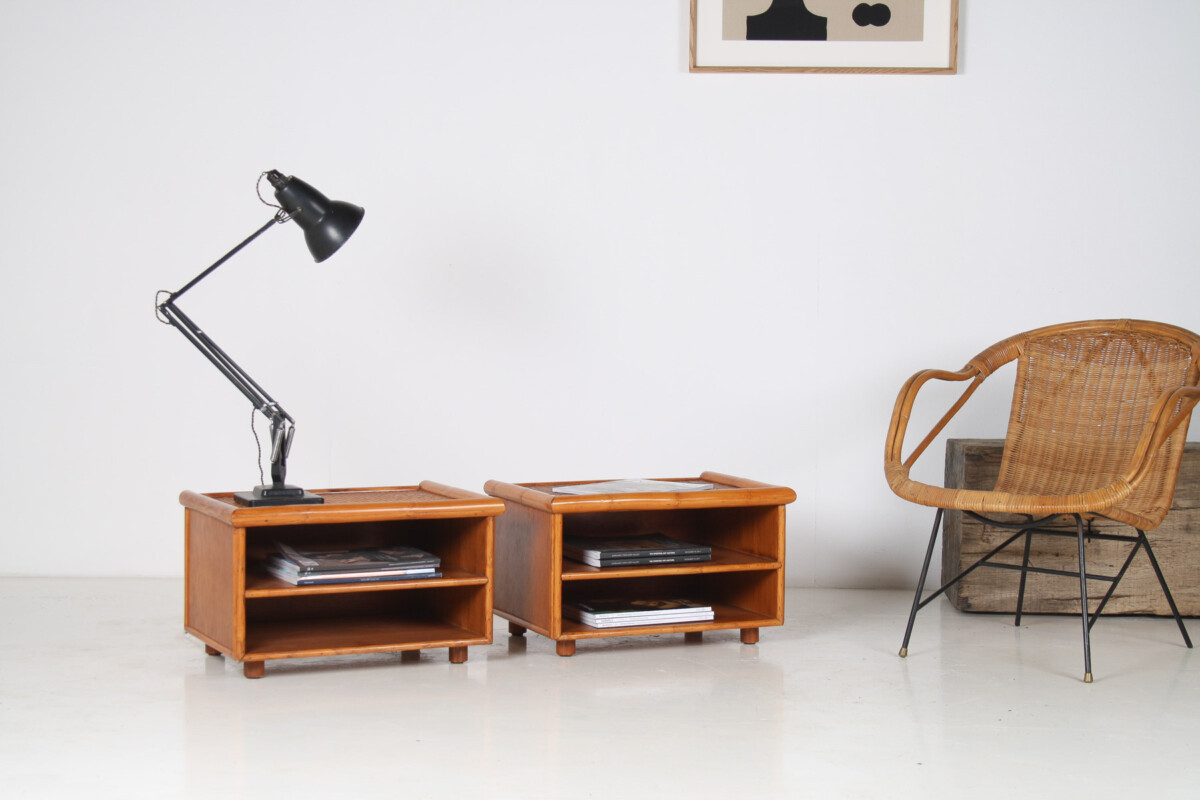 A Pair of Mid-Century Rattan Top Bamboo Night Stand Side Tables - Image 3