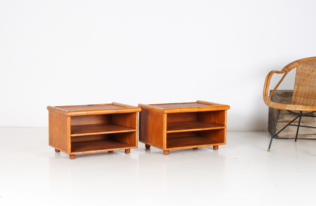 A Pair of Mid-Century Rattan Top Bamboo Night Stand Side Tables
