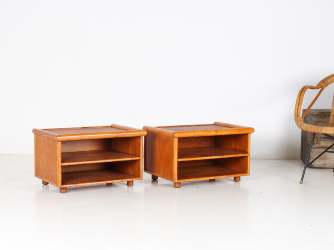 A Pair of Mid-Century Rattan Top Bamboo Night Stand Side Tables