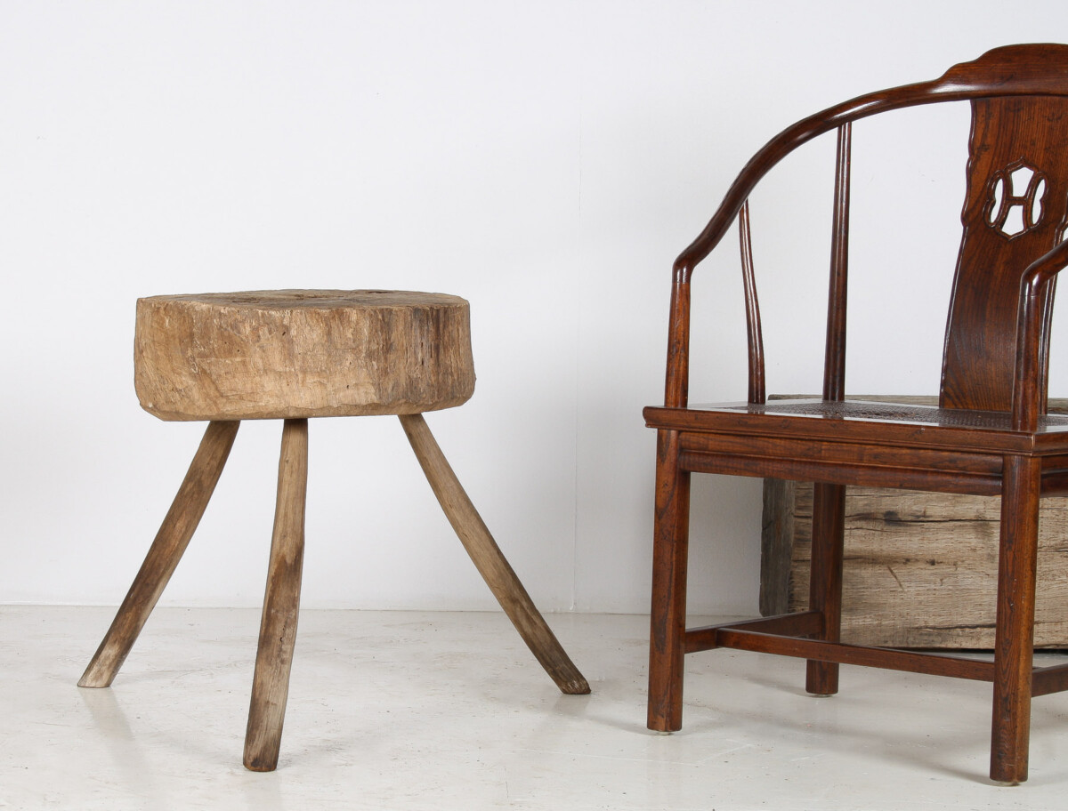 A Large Naturalistic Primitive Elm Wood Block Wabi Sabi Side Table - Image 13