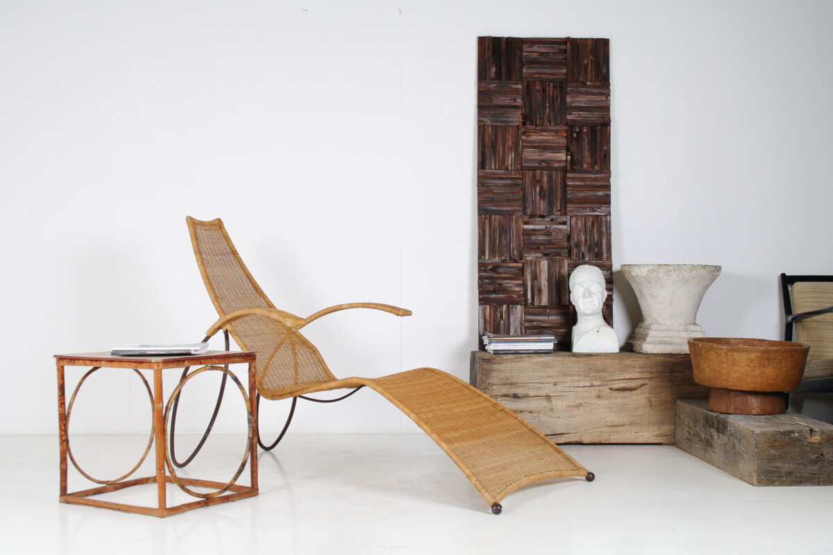 1930s Modernist Wrought Iron Frame Wicker Sun Longer Chaise with Arms and Footrest - Image 16