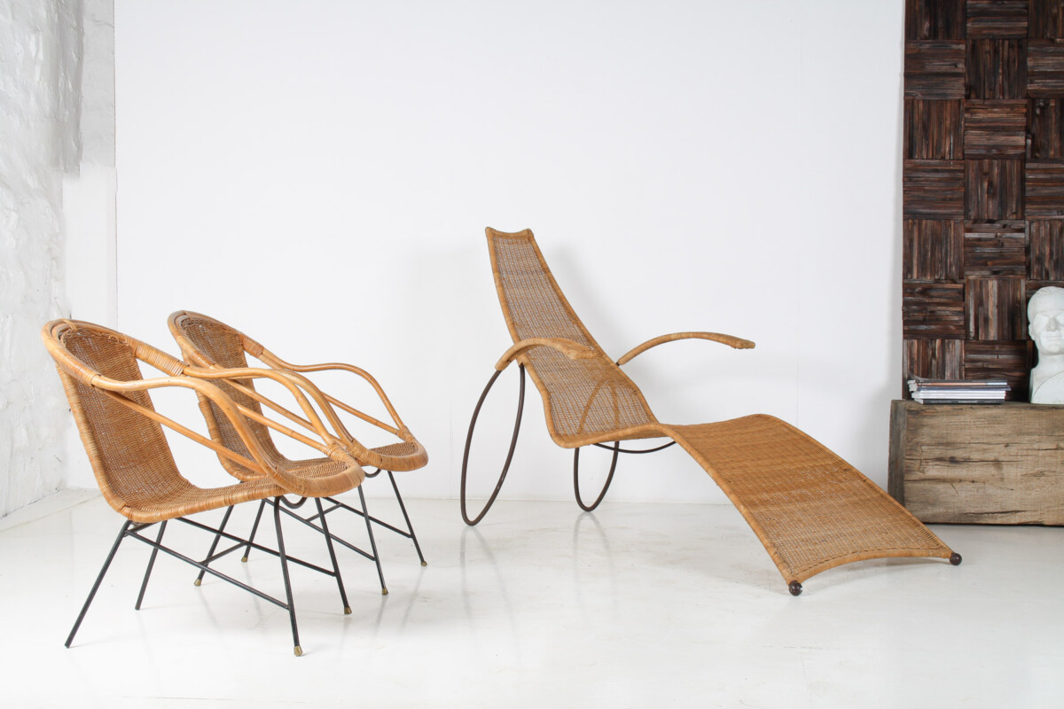 1930s Modernist Wrought Iron Frame Wicker Sun Longer Chaise with Arms and Footrest - Image 4