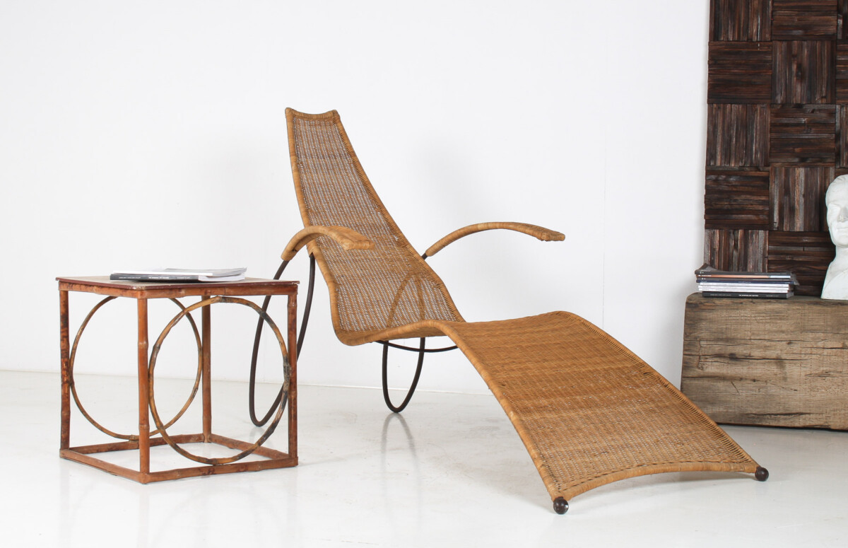 1930s Modernist Wrought Iron Frame Wicker Sun Longer Chaise with Arms and Footrest - Image 15