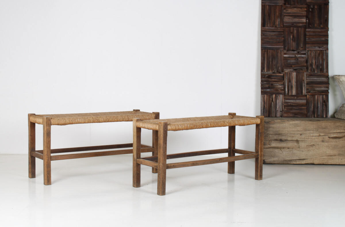 A Pair of 1960s Mid Century Oak Benches with Traditional Rush Seats