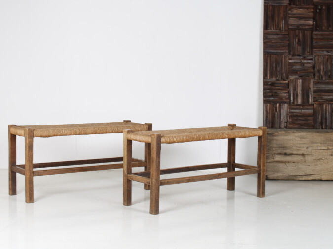 A Pair of 1960s Mid Century Oak Benches with Traditional Rush Seats