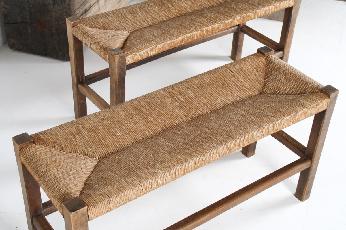 A Pair of 1960s Mid Century Oak Benches with Traditional Rush Seats - Image 15