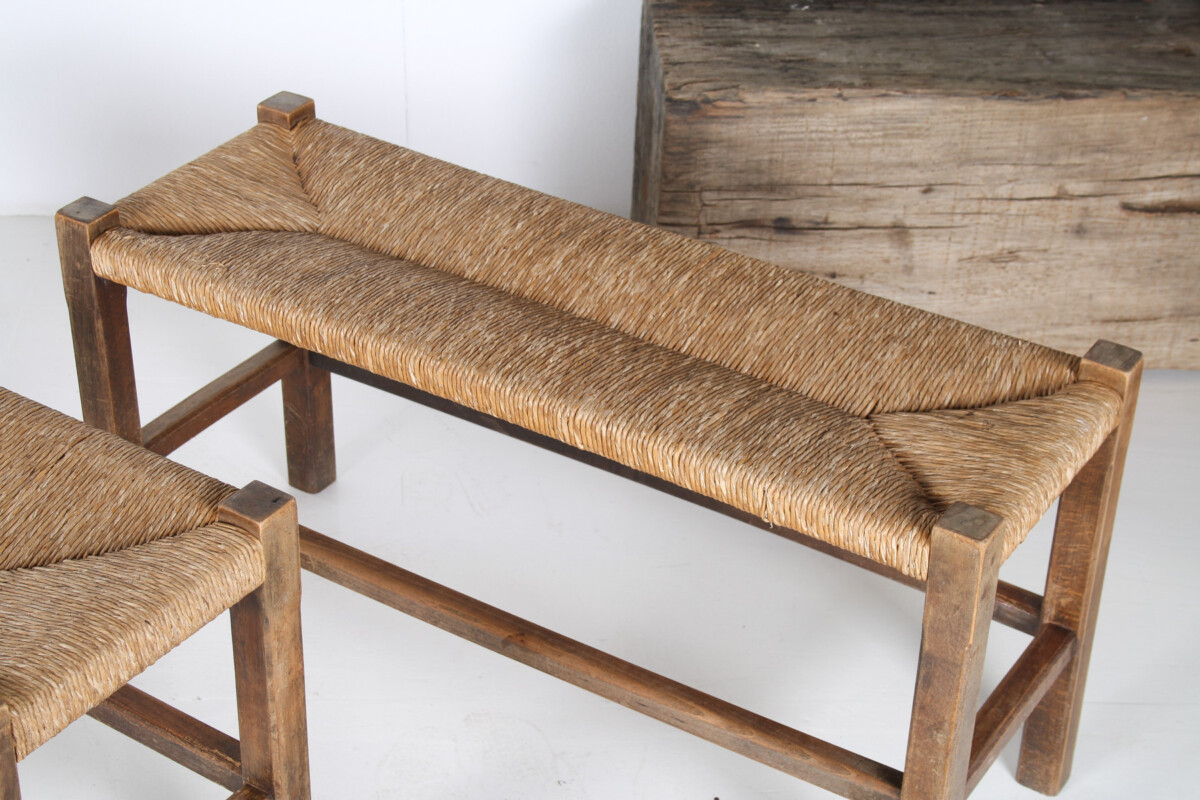 A Pair of 1960s Mid Century Oak Benches with Traditional Rush Seats - Image 13