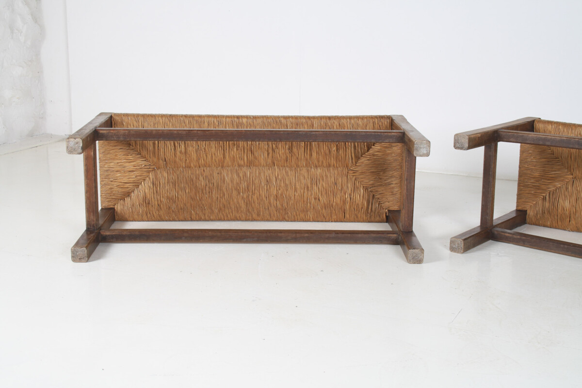 A Pair of 1960s Mid Century Oak Benches with Traditional Rush Seats - Image 10