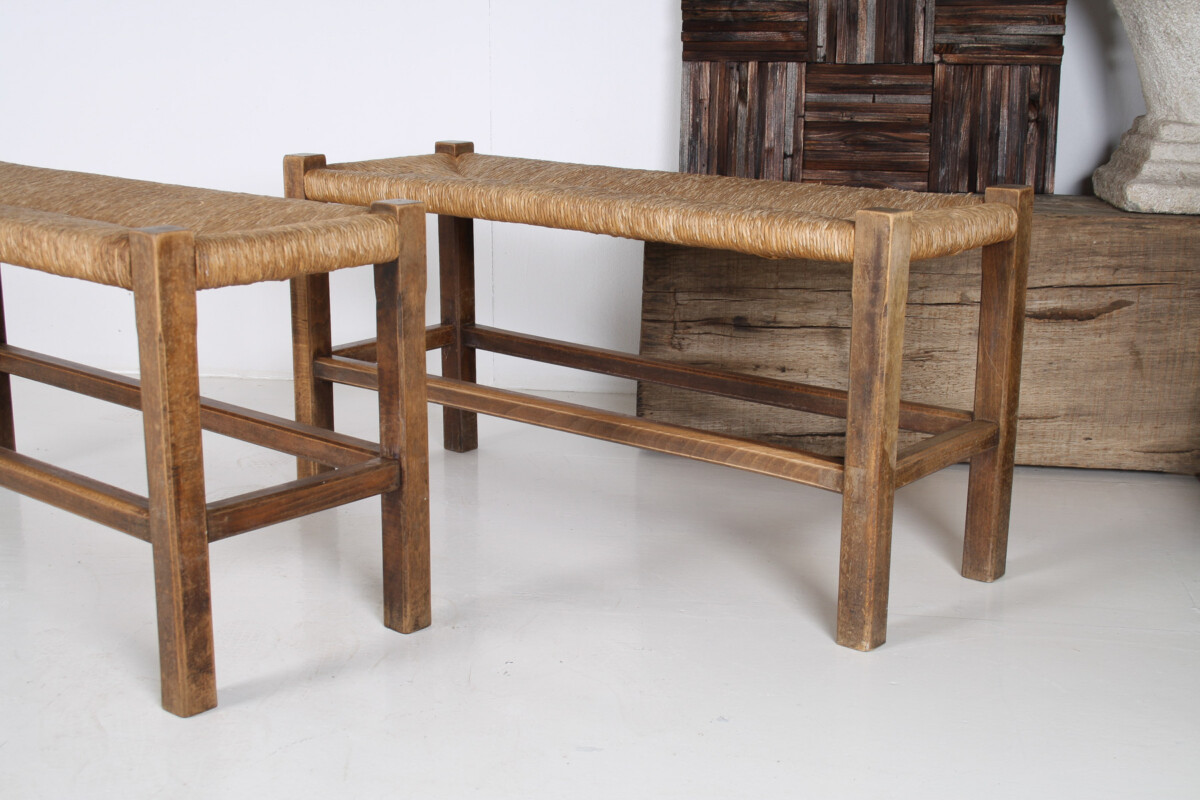 A Pair of 1960s Mid Century Oak Benches with Traditional Rush Seats - Image 16