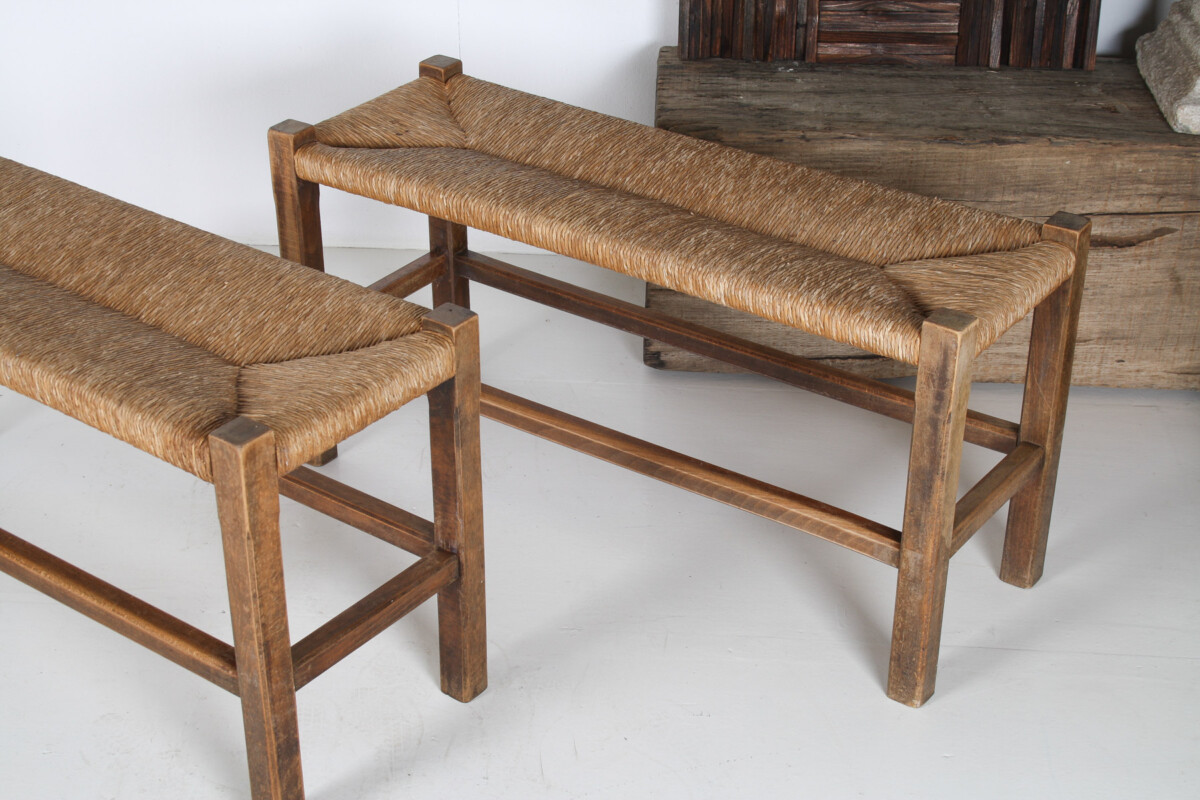 A Pair of 1960s Mid Century Oak Benches with Traditional Rush Seats - Image 8