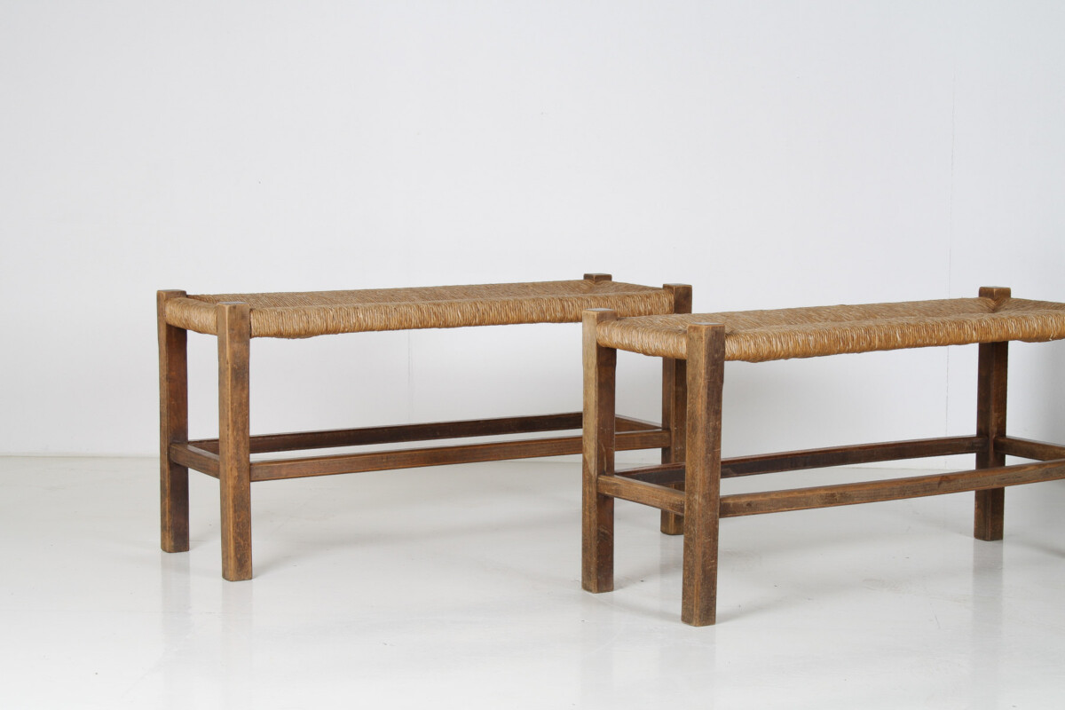 A Pair of 1960s Mid Century Oak Benches with Traditional Rush Seats - Image 3