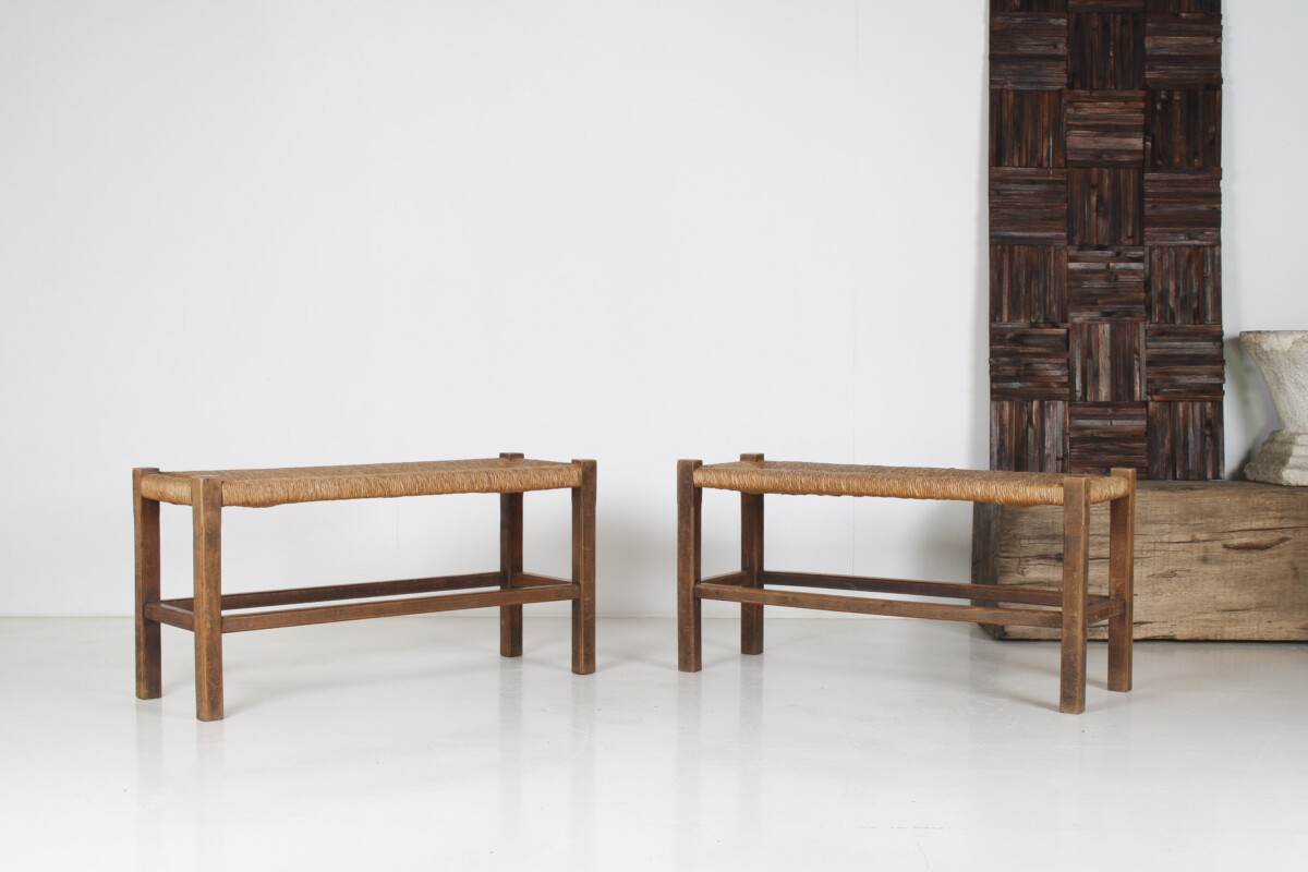A Pair of 1960s Mid Century Oak Benches with Traditional Rush Seats - Image 9