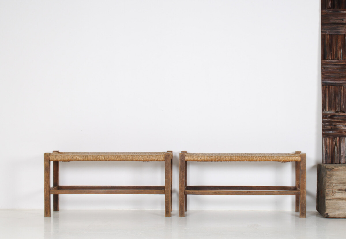 A Pair of 1960s Mid Century Oak Benches with Traditional Rush Seats - Image 2