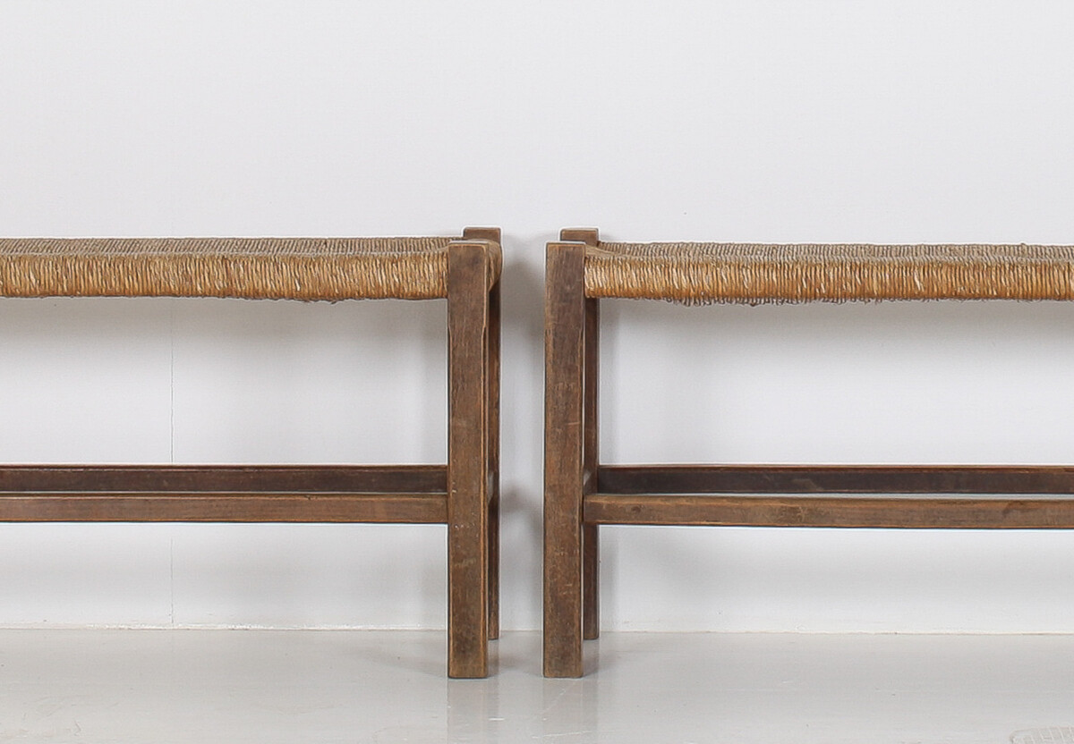 A Pair of 1960s Mid Century Oak Benches with Traditional Rush Seats - Image 4
