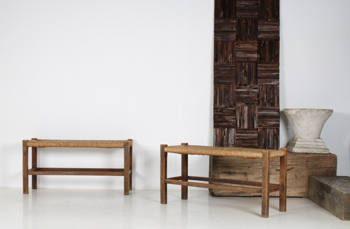 A Pair of 1960s Mid Century Oak Benches with Traditional Rush Seats - Image 5