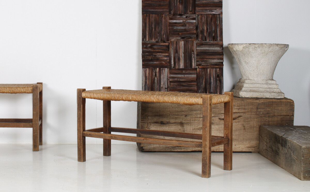A Pair of 1960s Mid Century Oak Benches with Traditional Rush Seats - Image 6