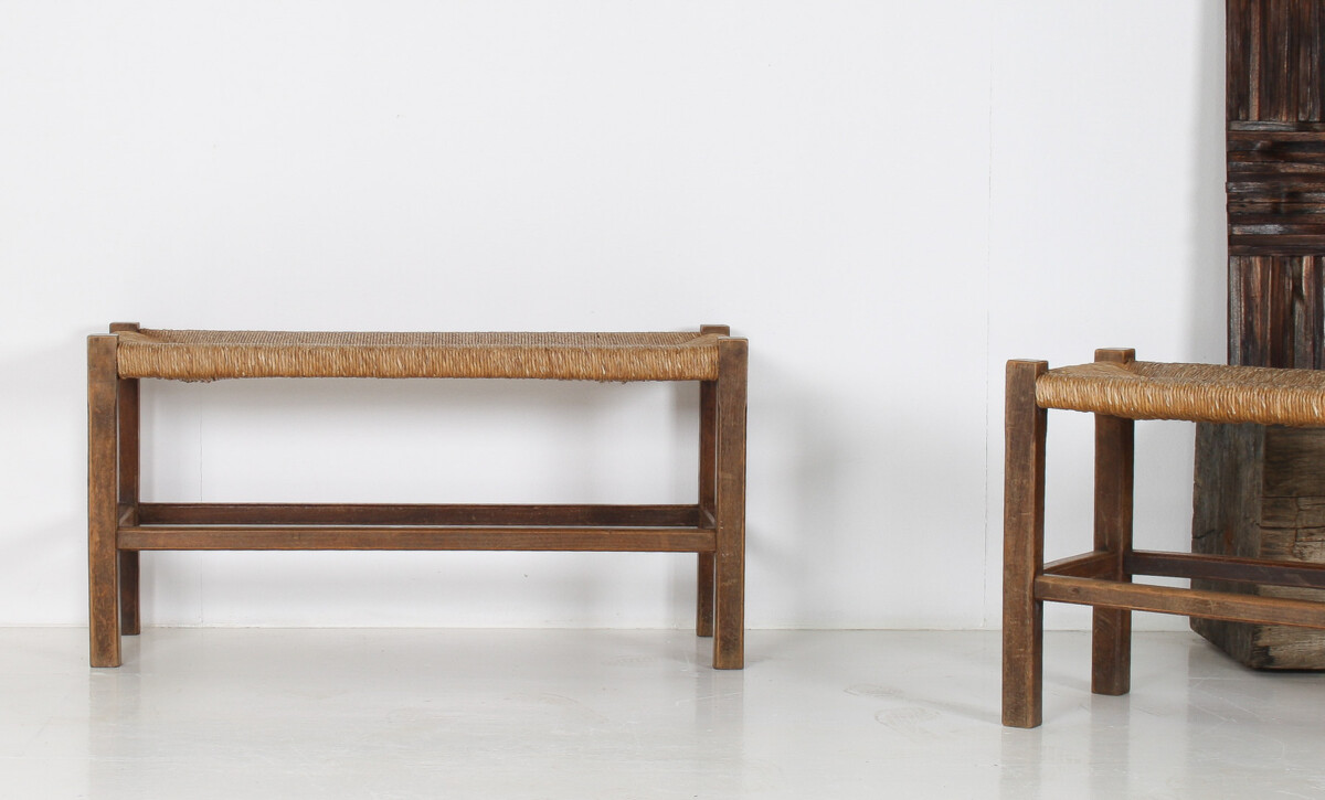 A Pair of 1960s Mid Century Oak Benches with Traditional Rush Seats - Image 7