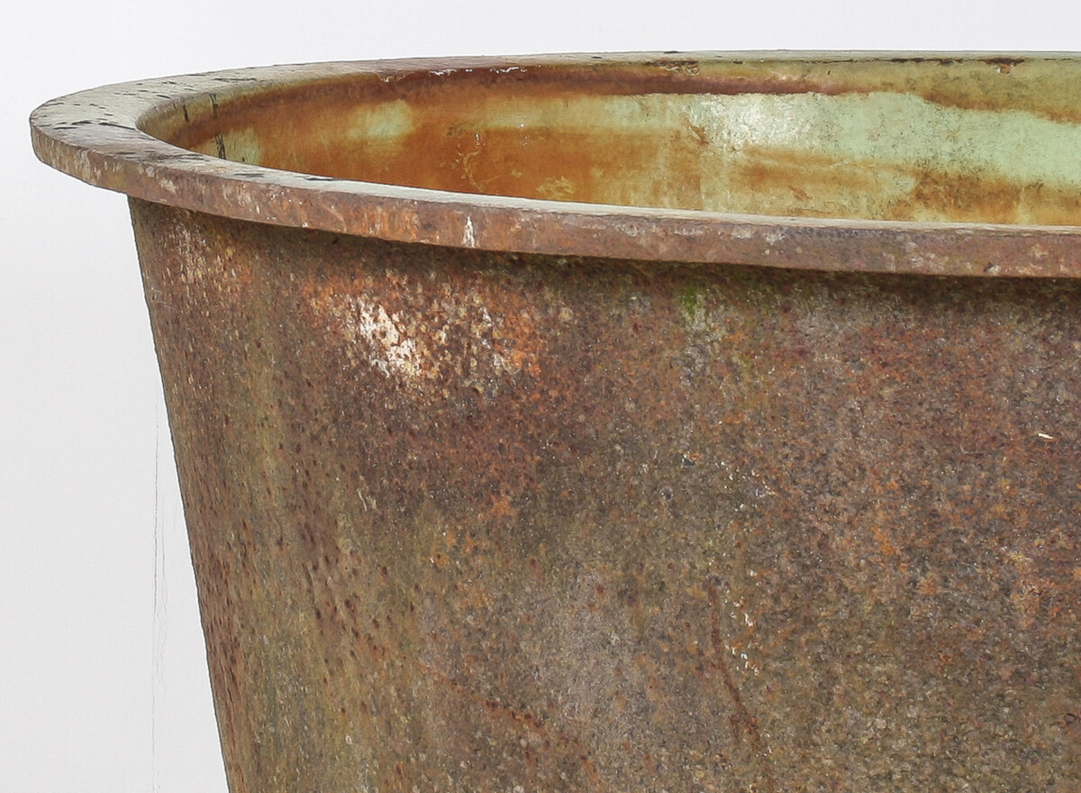 A Large-Scale 4ft Antique Cast Iron Cauldron Planter Pot with Enamelled Verdigris Patina - Image 18